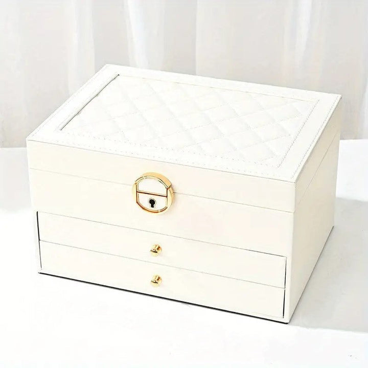 Luxurious leather jewelry organizer with multiple layers for women's rings and necklaces.