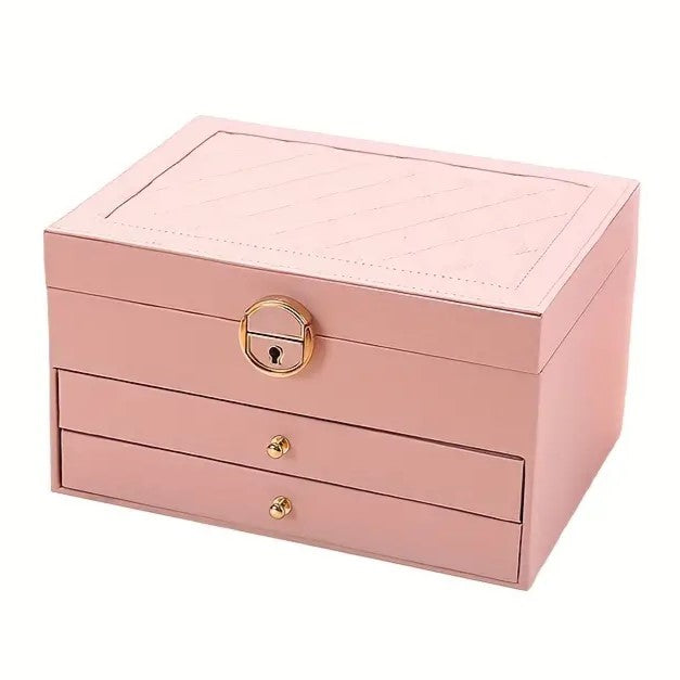 Stylish women's multi-tier leather jewelry case, perfect for organizing rings, necklaces, and bracelets.