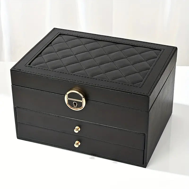 Elegant brown leather jewelry box with compartments for rings, necklaces, and other accessories.