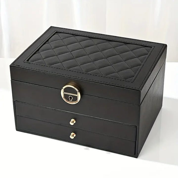 Elegant brown leather jewelry box with compartments for rings, necklaces, and other accessories.