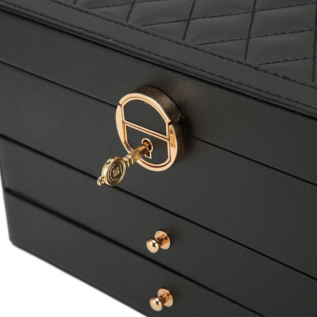 Premium leather jewelry organizer, multi-level design for secure storage of rings & necklaces.