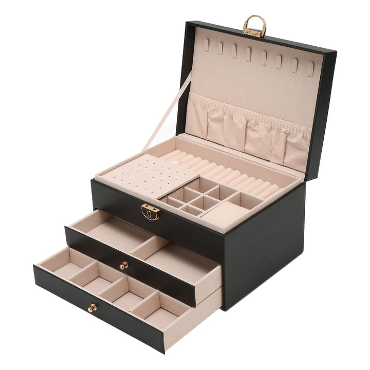 Women's sleek leather jewelry holder, a multi-layer case for all your rings and necklaces.