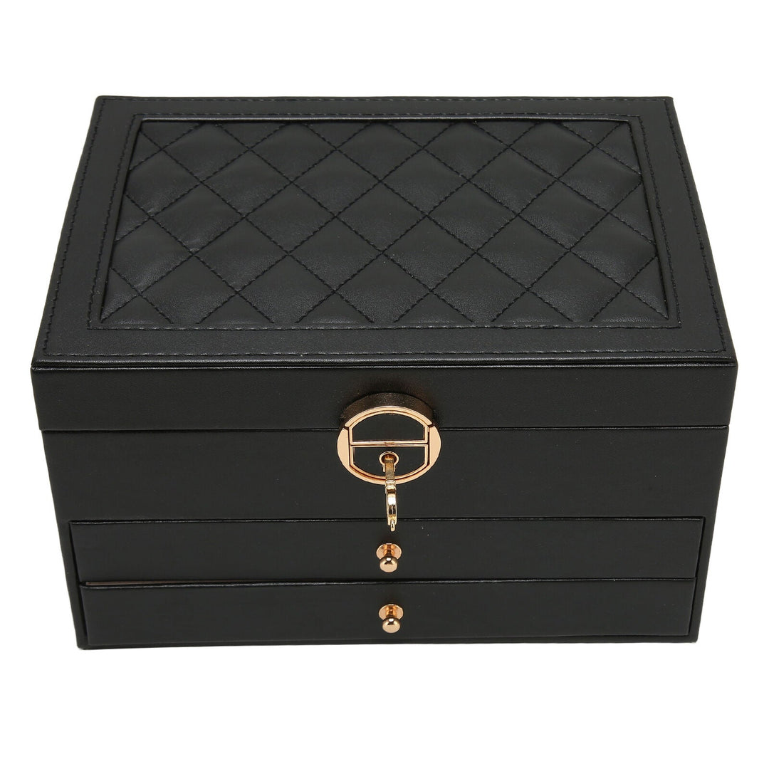 Compact multi-layer leather jewelry box for women, perfect for organizing rings, necklaces & earrings.