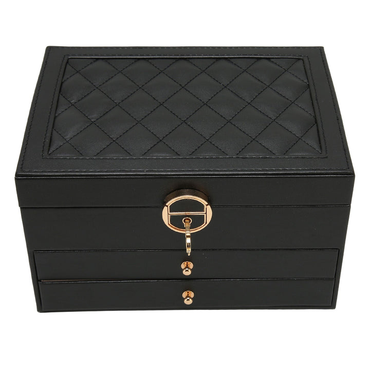 Compact multi-layer leather jewelry box for women, perfect for organizing rings, necklaces & earrings.