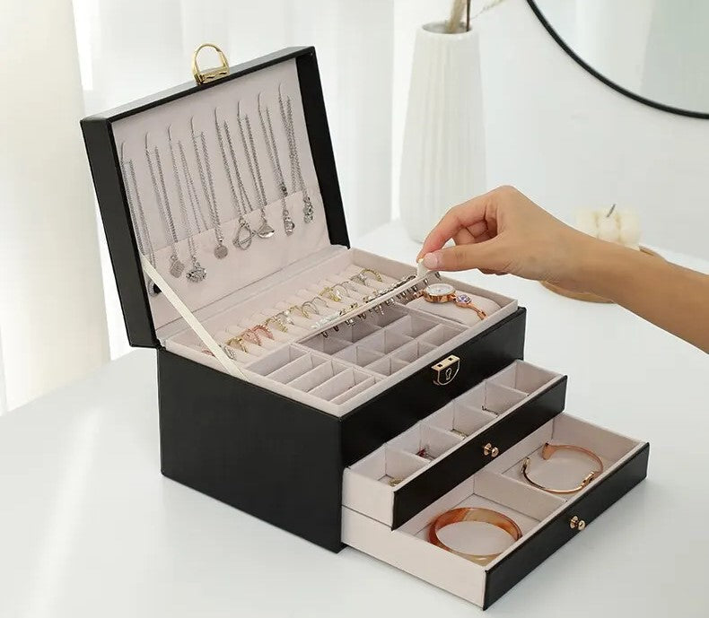 Sophisticated leather jewelry storage solution for women's rings and necklaces, multi-layer design.