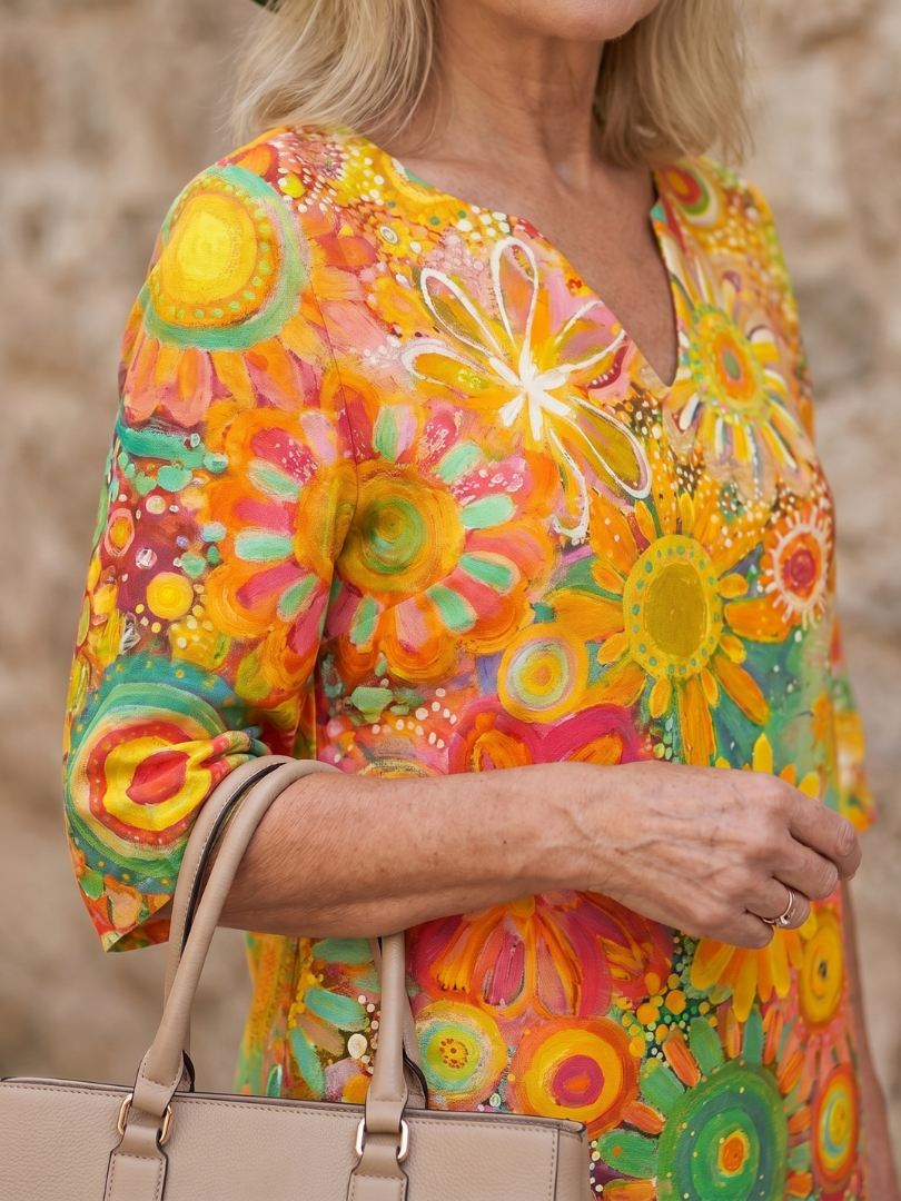 Casual women's knee-length dress with multicolor floral print and comfortable v-neck.