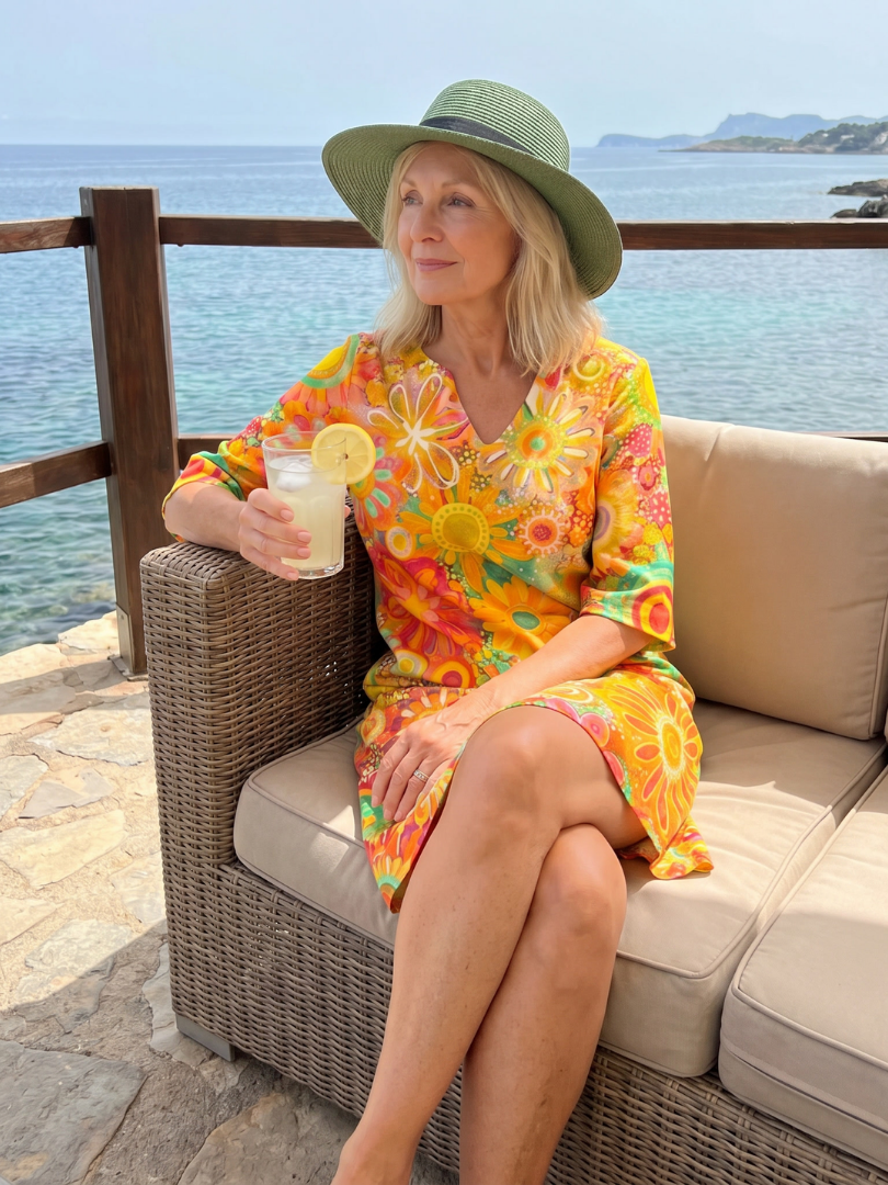 Vibrant multicolor floral print knee-length dress for women, suitable for casual summer days.