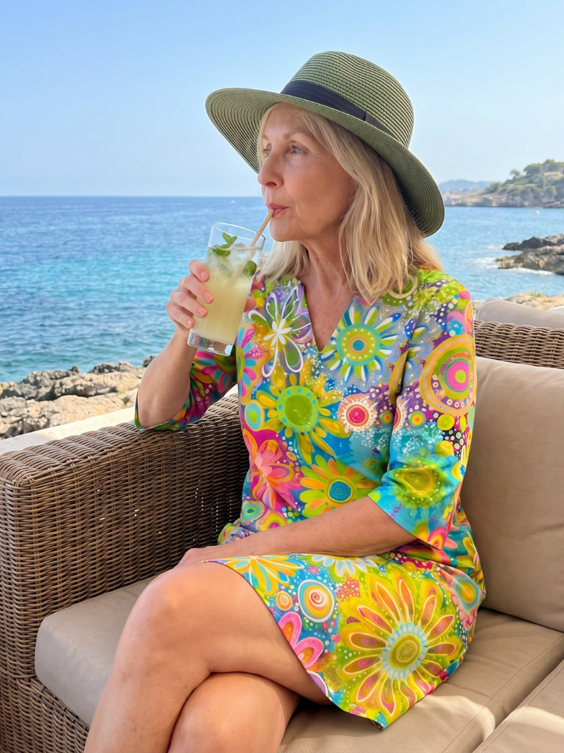 Summer-ready short-sleeve floral dress for women, multicolor, knee-length, casual, v-neck.