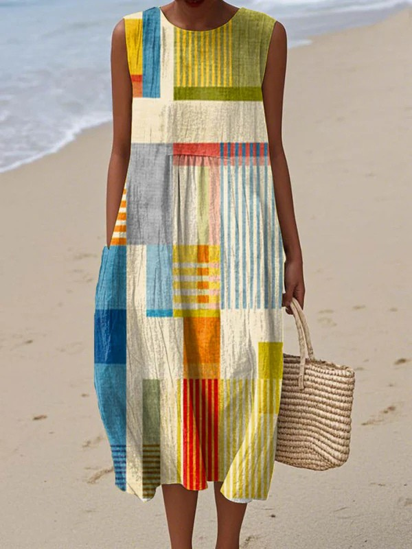 Women's multicolor geometric sleeveless midi dress. Perfect for casual summer wear, offering comfort and effortless style.