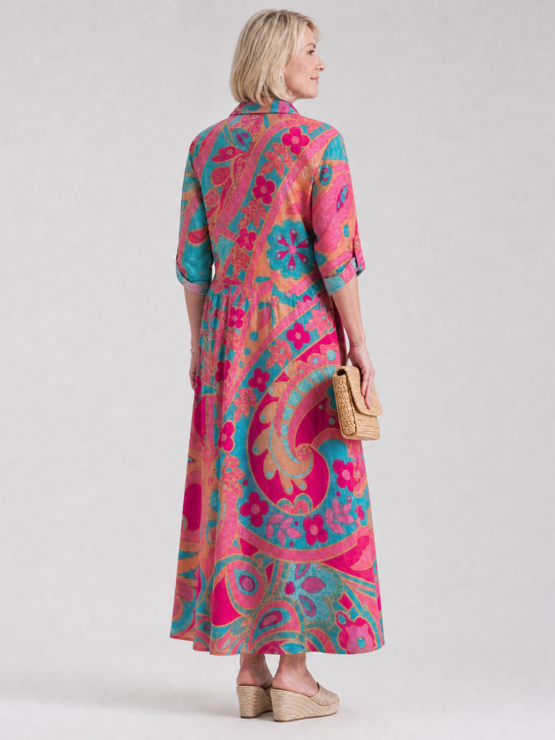 Elegant women's multicolor printed midi dress with a stylish collar and full button-front closure. Great for casual.