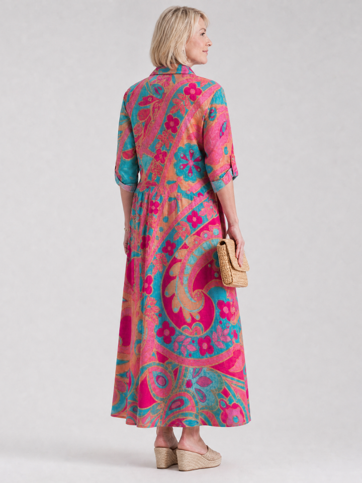 Elegant women's multicolor printed midi dress with a stylish collar and full button-front closure. Great for casual.