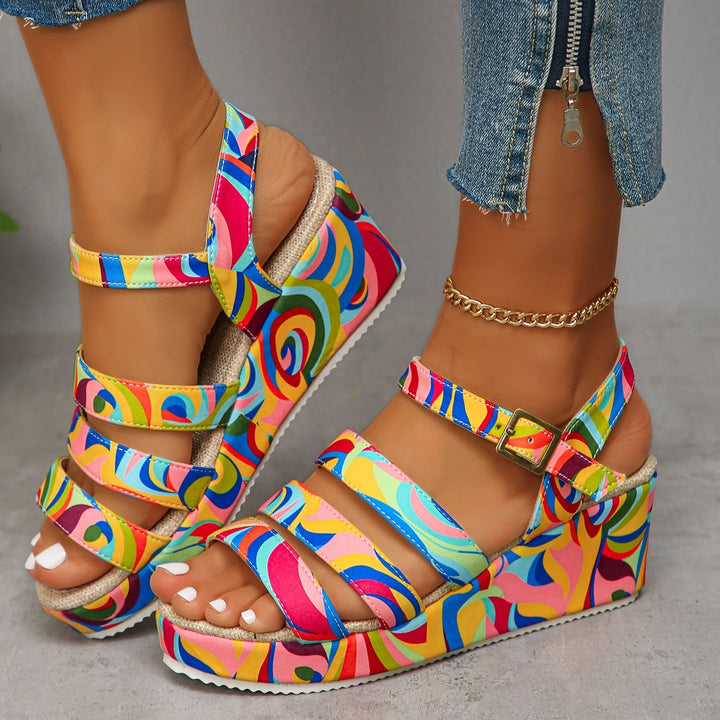 Comfortable women's multicolour platform wedge sandals, perfect for summer holidays & casual chic outfits.