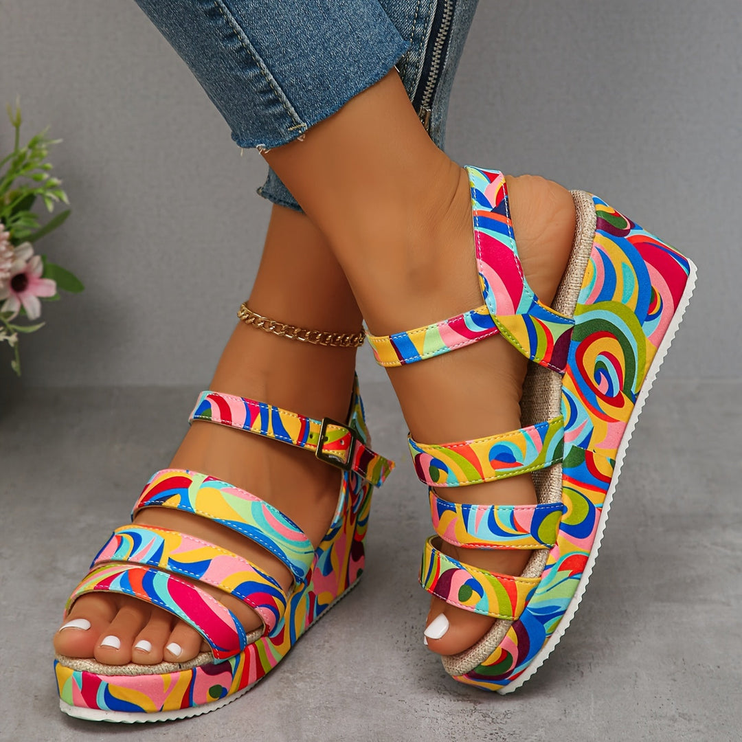 Women's open-toe multicolour wedge ankle strap sandals, perfect for sunny summer days & holiday fashion.