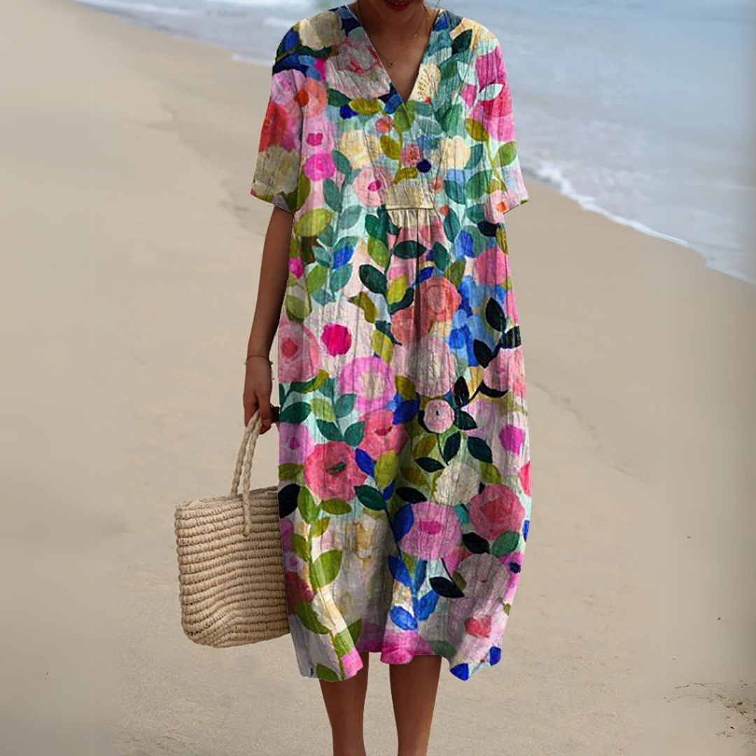 Women's multicolour V-neck midi dress, elegant summer style. Perfect casual flowy floral dress.