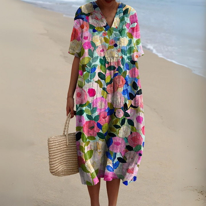 Women's multicolour V-neck midi dress, elegant summer style. Perfect casual flowy floral dress.