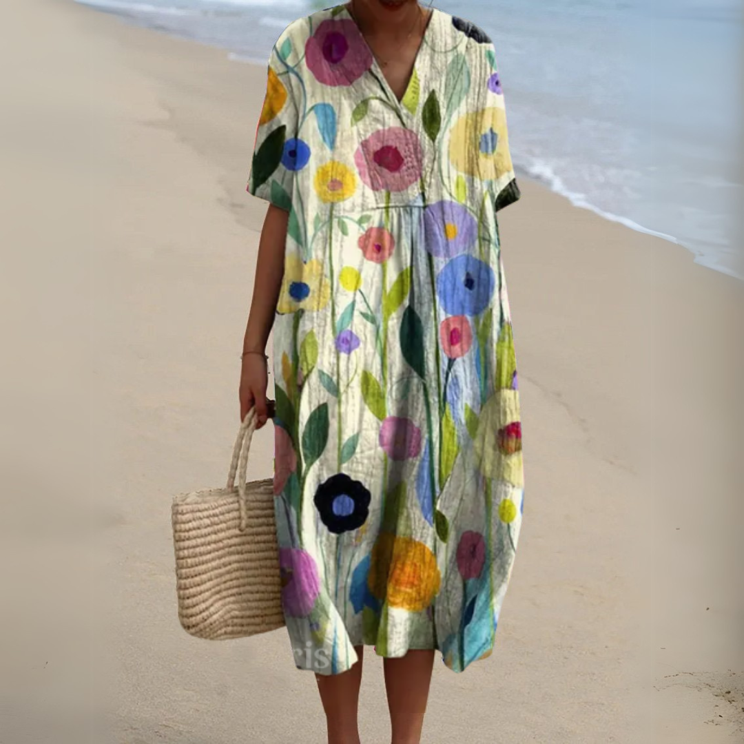 Vibrant multicolour V-neck floral midi dress for women, perfect for a chic summer look.