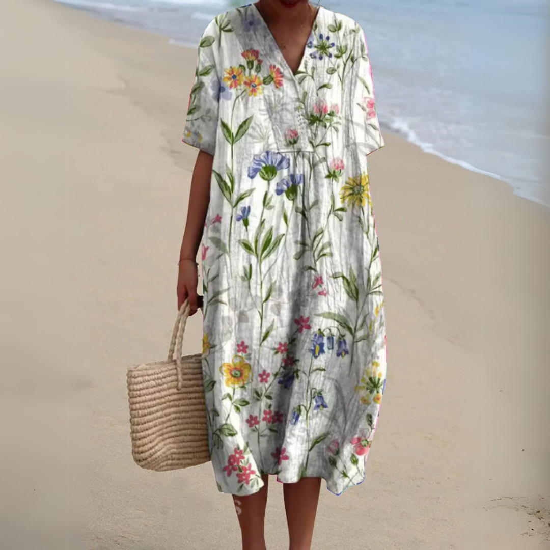 Casual multicolour V-neck midi dress, women's summer vacation fashion, flowy floral print.
