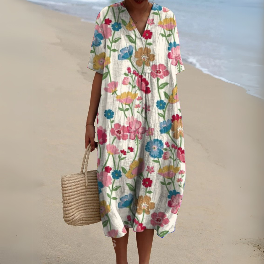 Stylish women's multicolour V-neck midi dress, a flattering cut for ladies' summer fashion.