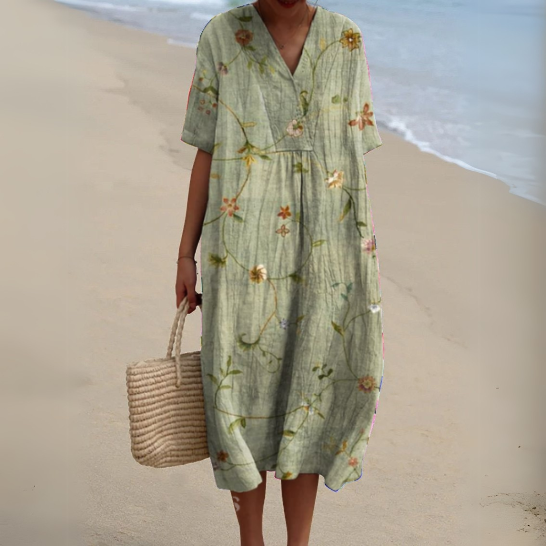 Casual flowy midi dress, women's multicolour V-neck, offering effortless summer style & comfort.