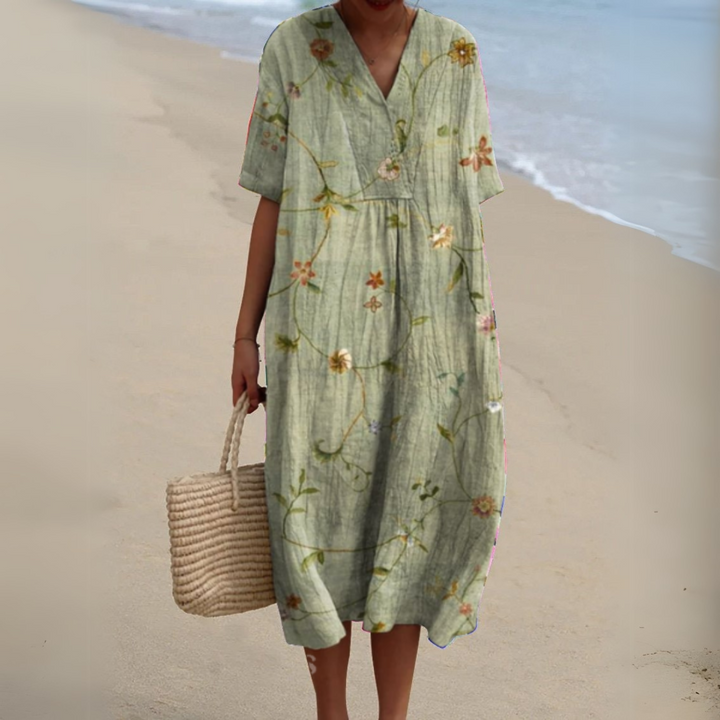 Casual flowy midi dress, women's multicolour V-neck, offering effortless summer style & comfort.