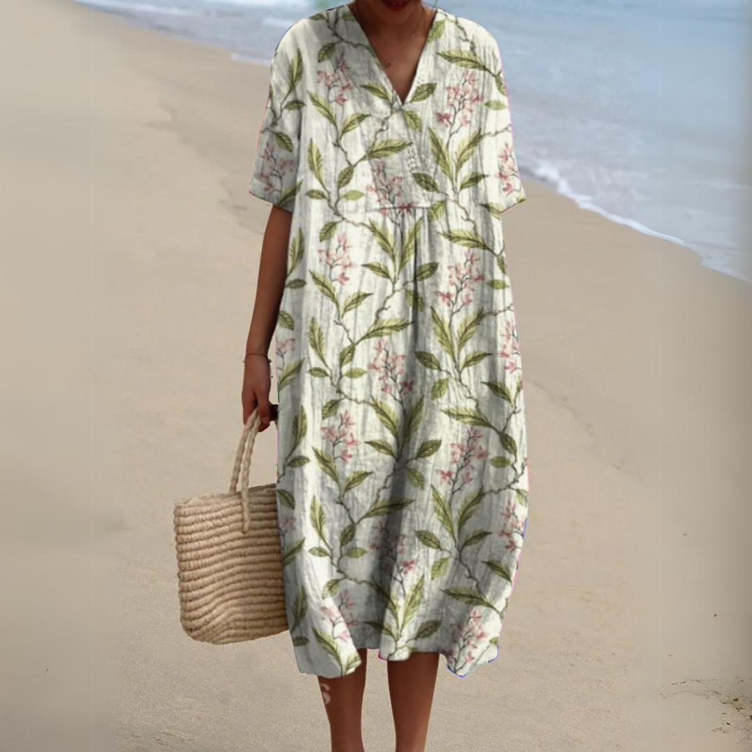 Versatile multicolour V-neck midi dress for women, great for summer, casual wear, or vacation.