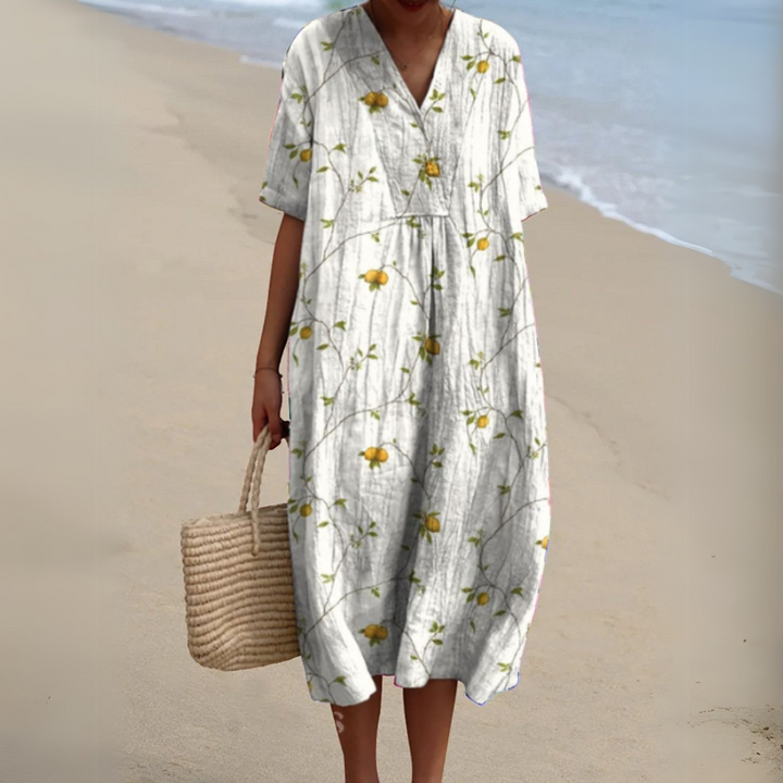 Flowy multicolour V-neck midi dress for women, a comfortable and stylish summer floral choice.