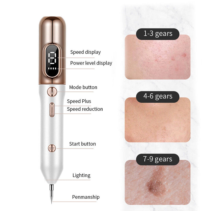 Sleek white women's plasma pen showing treatment tips, for effective skin tag, mole, and freckle removal.