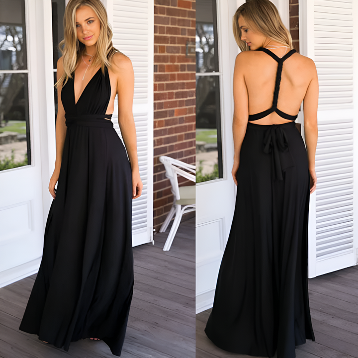Women's multiway wrap dress, versatile A-line style. Perfect for evening or travel.