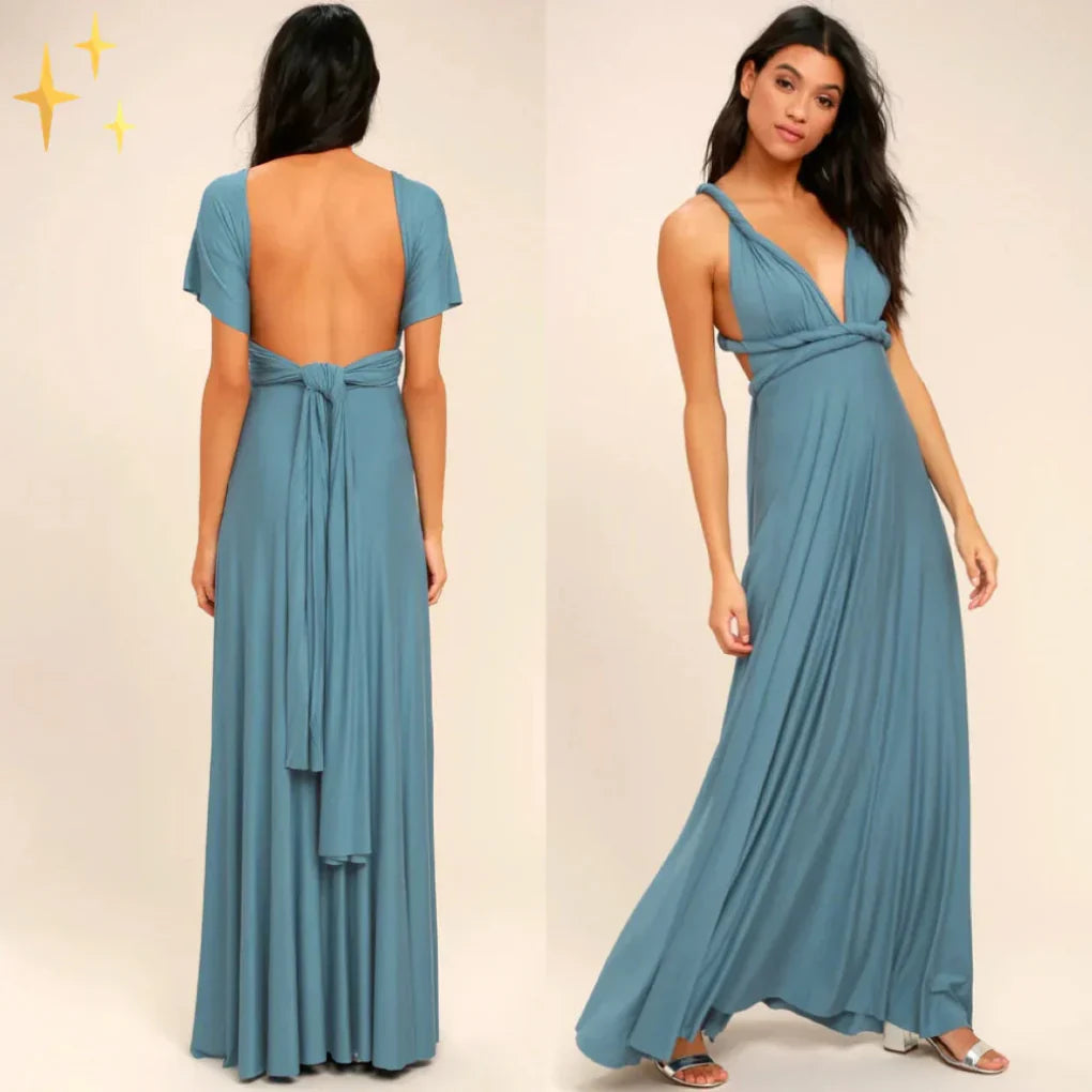 Elegant women's versatile A-line wrap dress, multiway styling, great for travel.