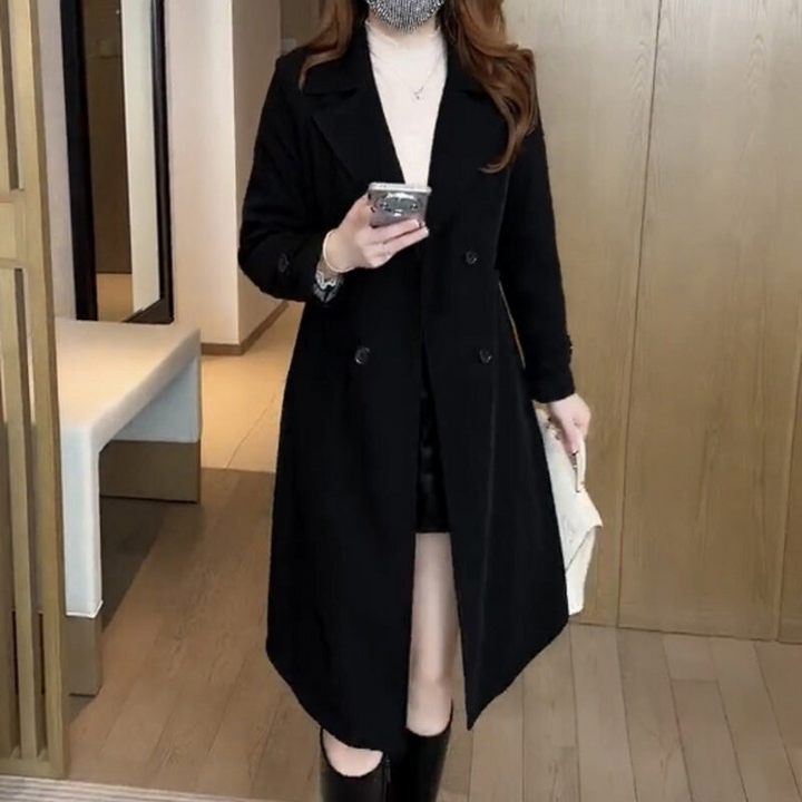 Women's Nadine Timeless Trench Coat, an elegant long winter coat for sophisticated fall and everyday wear.