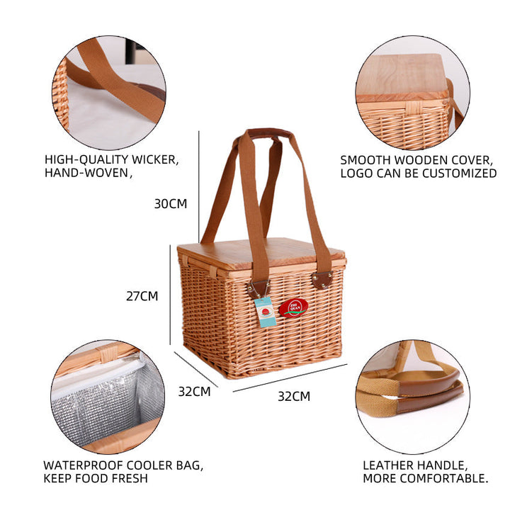 Elegant hand-woven natural material picnic basket for women, durable wooden lid, perfect for camping trips.