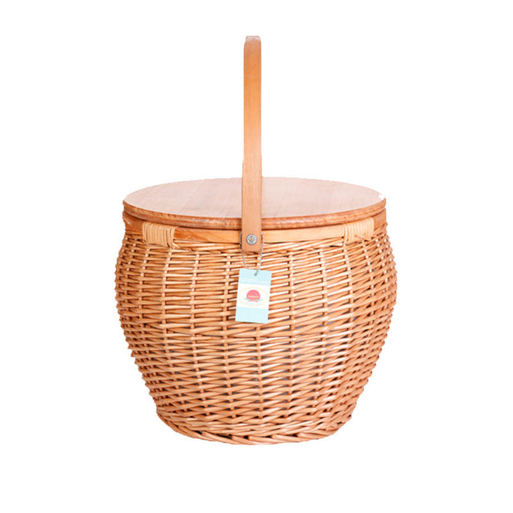 High-quality natural woven picnic basket for women, durable wooden lid, brown & white, ideal for stylish outdoor picnics.