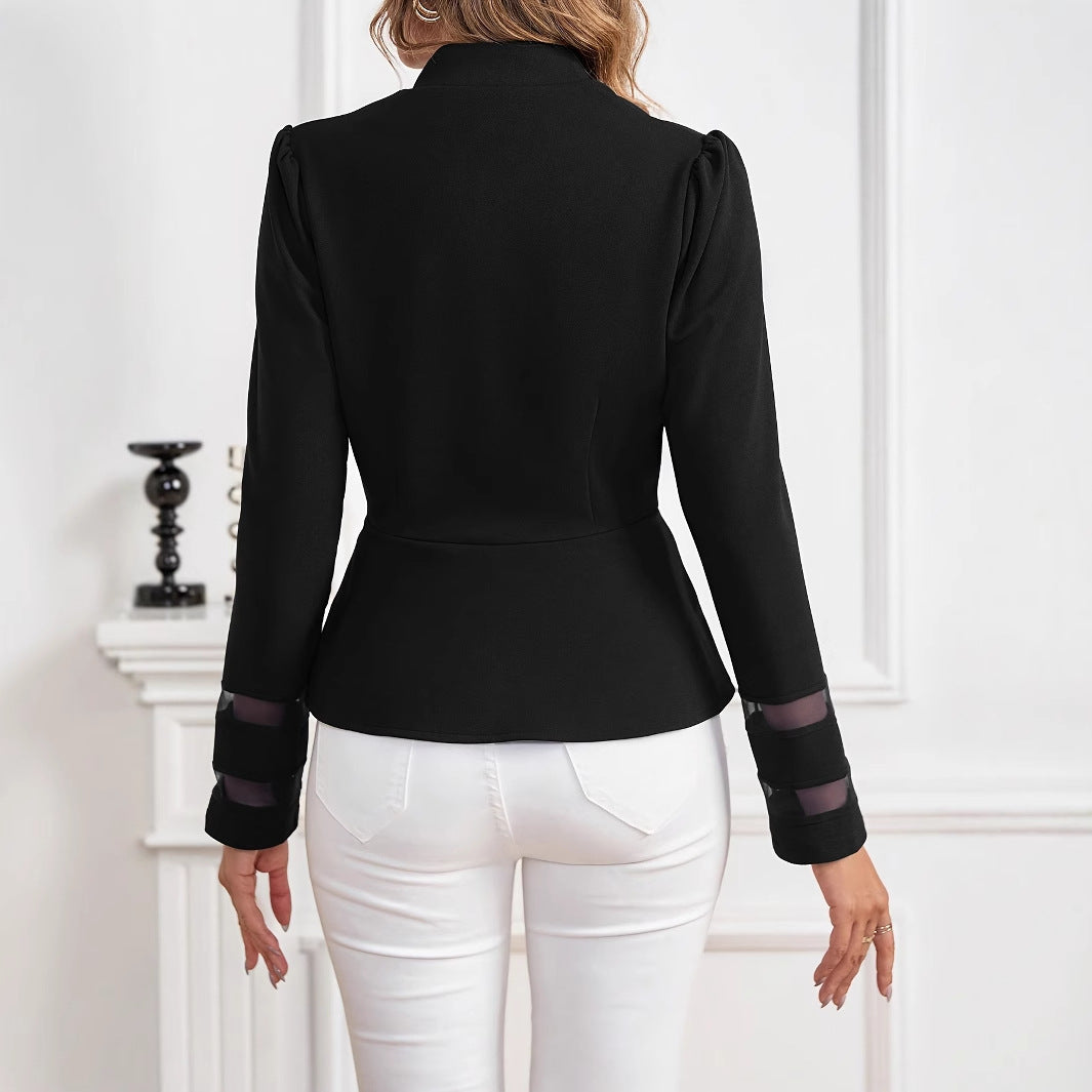 Modern women's slim fit peplum blazer, structured for chic professional office fashion or stylish spring/autumn wear.