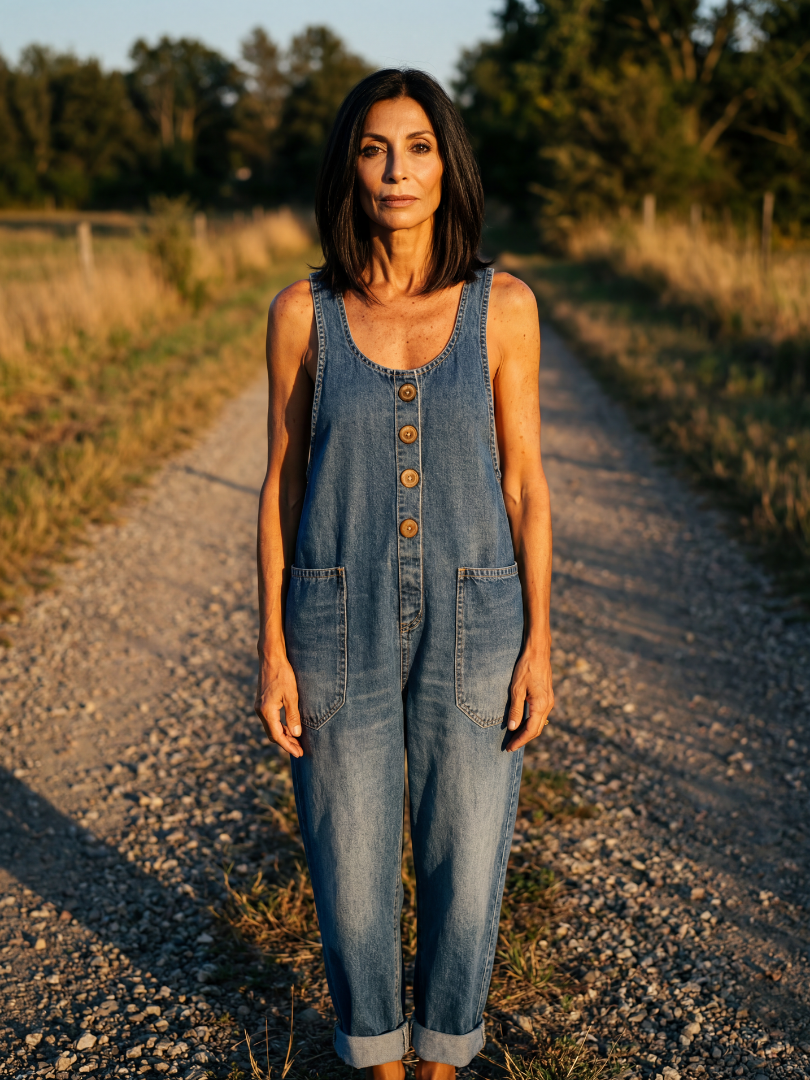 Women's navy relaxed fit jumpsuit with unique rooster print. Comfortable full-length design for casual summer style.