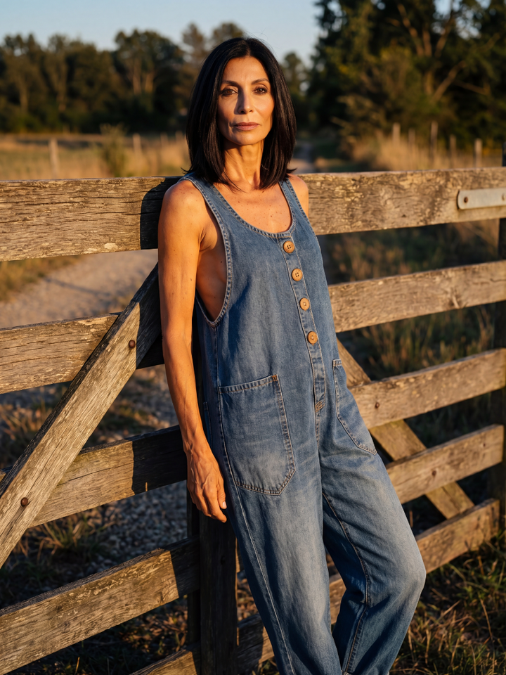 Chic women's comfortable full-length jumpsuit, relaxed fit, with a charming rooster motif. Perfect for everyday summer fashion.