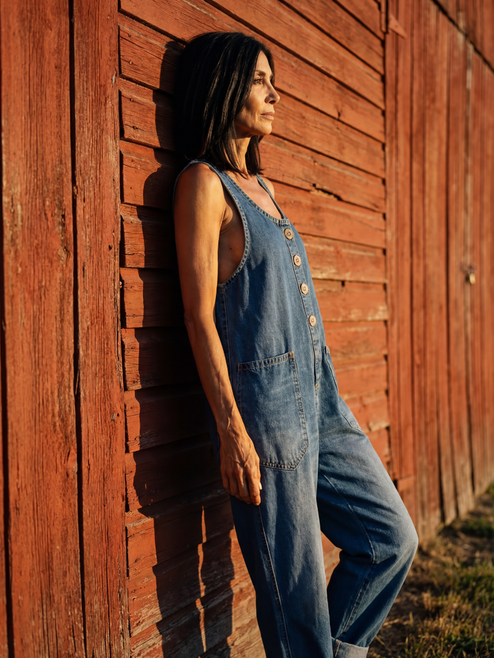 Stylish navy women's relaxed fit jumpsuit, adorned with a playful rooster print. Ideal for casual summer wear & comfort.