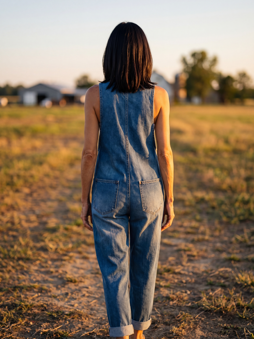 Effortless women's full-length navy jumpsuit, relaxed fit, showcasing a vibrant rooster print. Great for comfortable casual wear.
