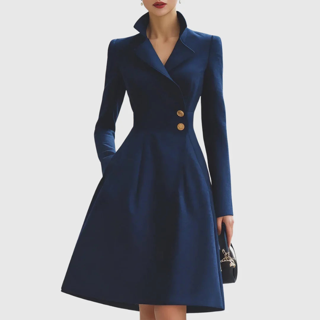 Women's navy tailored trench coat midi dress, V-neck, gold buttons. Elegant, professional long dress.