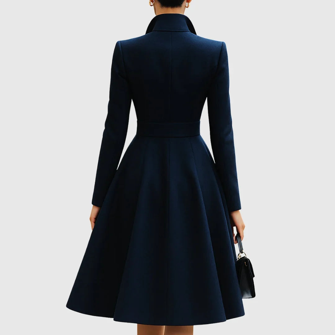 Navy blue V-neck midi dress for women, tailored trench coat style, sophisticated with gold button details.