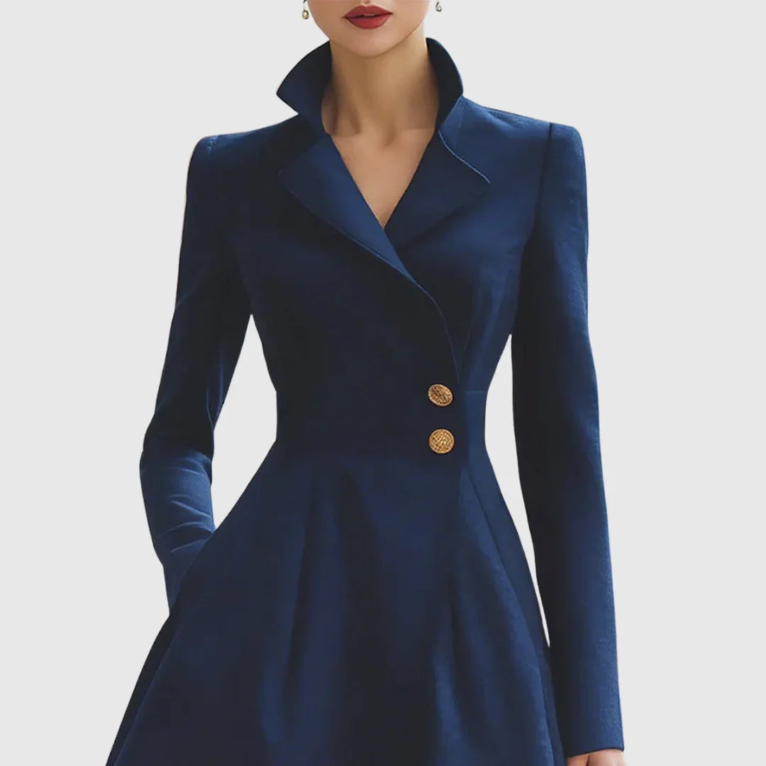 Elegant navy trench coat midi dress, women's versatile fashion, V-neck & gold buttons for a professional look.