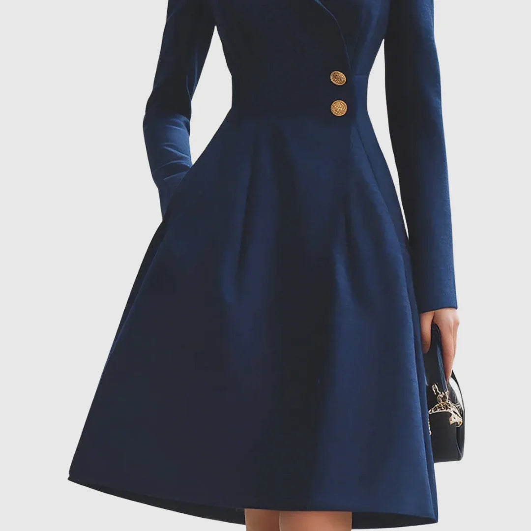 Sophisticated women's navy midi dress, tailored trench coat design with V-neckline & gleaming gold buttons.