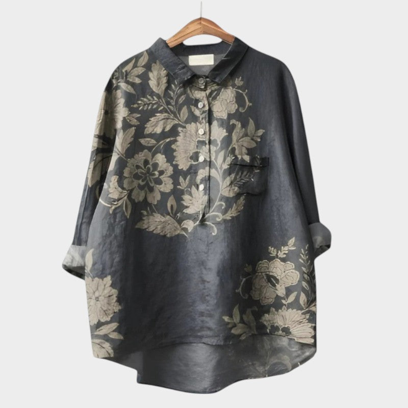 Casual fashion women's Nola blouse, showcasing beautiful artistic nature prints for an elegant look.