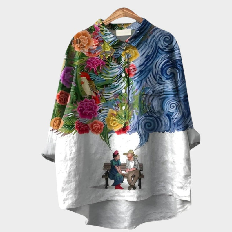 Versatile women's Nola blouse, a long sleeve top with an artistic nature print, ideal for elegant casual fashion.