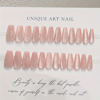 Easy apply reusable press-on nails for women, featuring a stunning nude pink glitter and cat eye design.