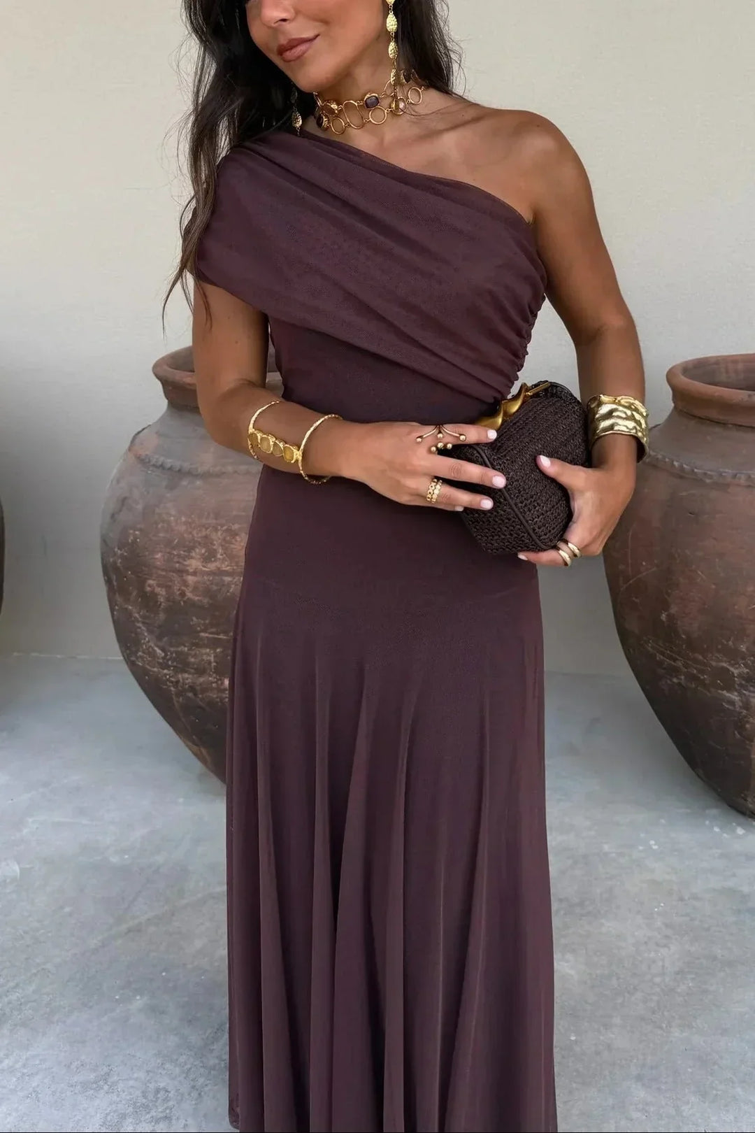 Women's off-shoulder draped waist maxi dress, elegant for wedding guests & formal special occasions.