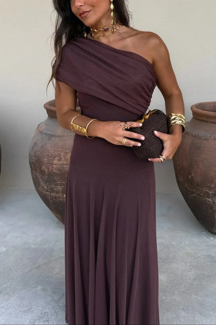 Women's off-shoulder draped waist maxi dress, elegant for wedding guests & formal special occasions.