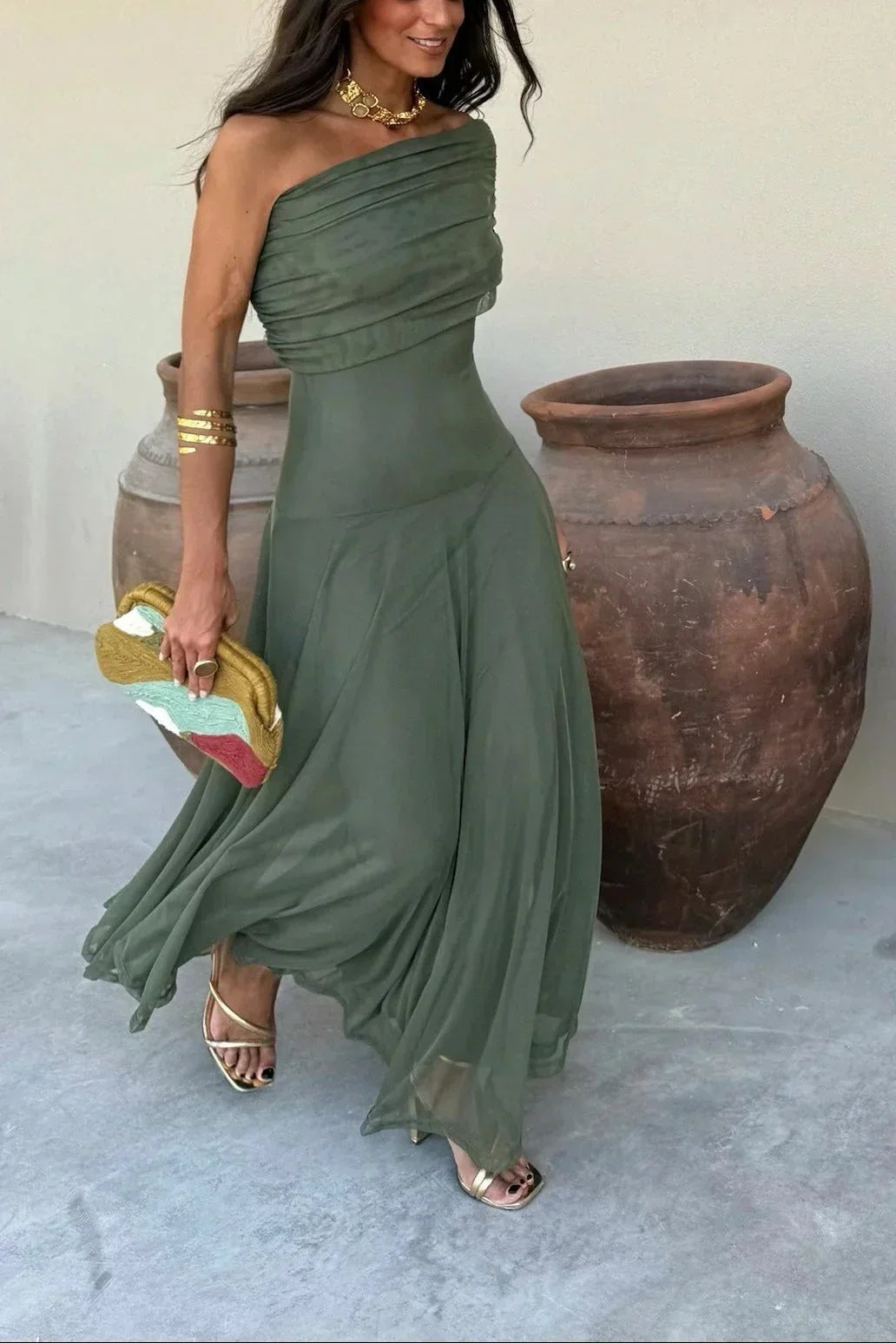 Luxurious women's off-shoulder draped waist maxi dress, perfect for formal events & wedding guests.