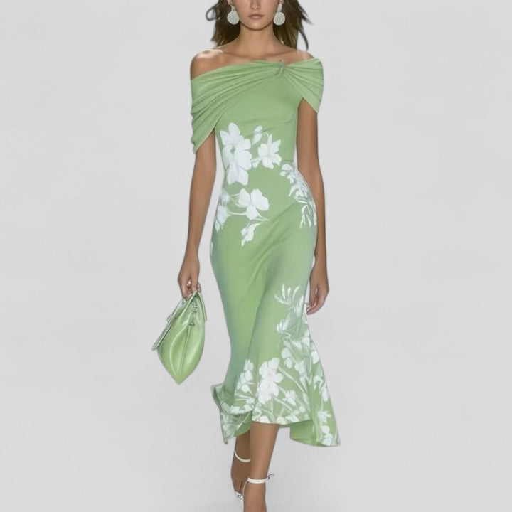 Women's off-shoulder floral bodycon midi dress with elegant ruffle hem, perfect for summer parties.