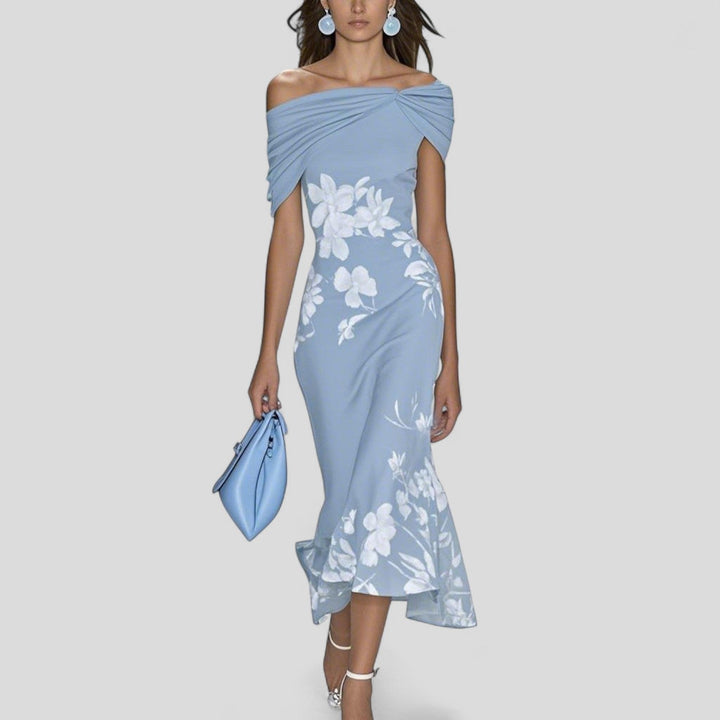 Elegant women's off-shoulder floral midi dress, bodycon fit, with a chic ruffle hem. Ideal for evening or party wear.