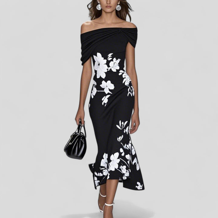 Stylish women's floral off-shoulder midi dress, bodycon silhouette, and delicate ruffle hem for spring/summer fashion.